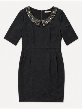 Darling Embellished Collar Jacquard Sheath Dress Black Pearl Beaded